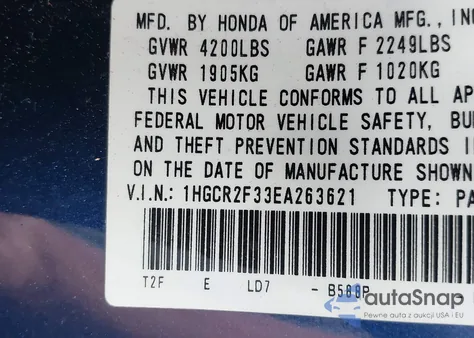 2014 Honda Accord Lx из США, поврежденный, VIN 1HGCR2F33EA263621